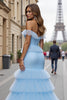 Load image into Gallery viewer, Blue Mermaid Tiered Off the Shoulder Maxi Prom Dress with Ruffles