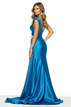 Blue A Line Satin Maxi Prom Dress with Slit