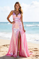 Load image into Gallery viewer, Sparkly Pink Sequin A Line Maxi Prom Dress with Slit