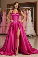 Load image into Gallery viewer, Fuchsia A Line Halter Maxi Satin Prom Dress with Slit