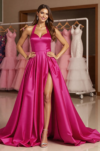 Fuchsia A Line Halter Maxi Satin Prom Dress with Slit