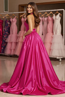 Load image into Gallery viewer, Fuchsia A Line Halter Maxi Satin Prom Dress with Slit