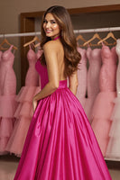 Load image into Gallery viewer, Fuchsia A Line Halter Maxi Satin Prom Dress with Slit
