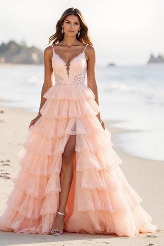 Blush Tulle A Line Maxi Tiered Prom Dress with Slit
