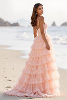 Load image into Gallery viewer, Blush Tulle A Line Maxi Tiered Prom Dress with Slit