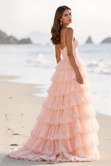Blush Tulle A Line Maxi Tiered Prom Dress with Slit