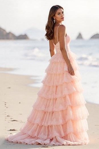 Blush Tulle A Line Maxi Tiered Prom Dress with Slit