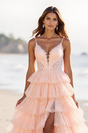 Blush Tulle A Line Maxi Tiered Prom Dress with Slit