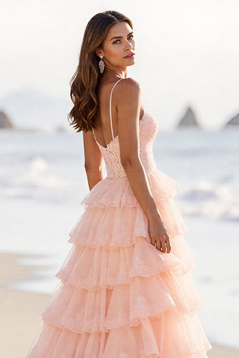 Blush Tulle A Line Maxi Tiered Prom Dress with Slit