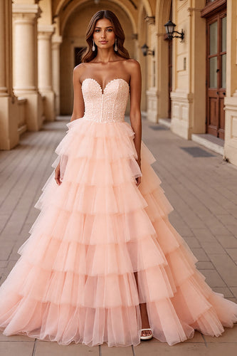 Blush Ball Gown Tulle Maxi Prom Dress with Ruffles