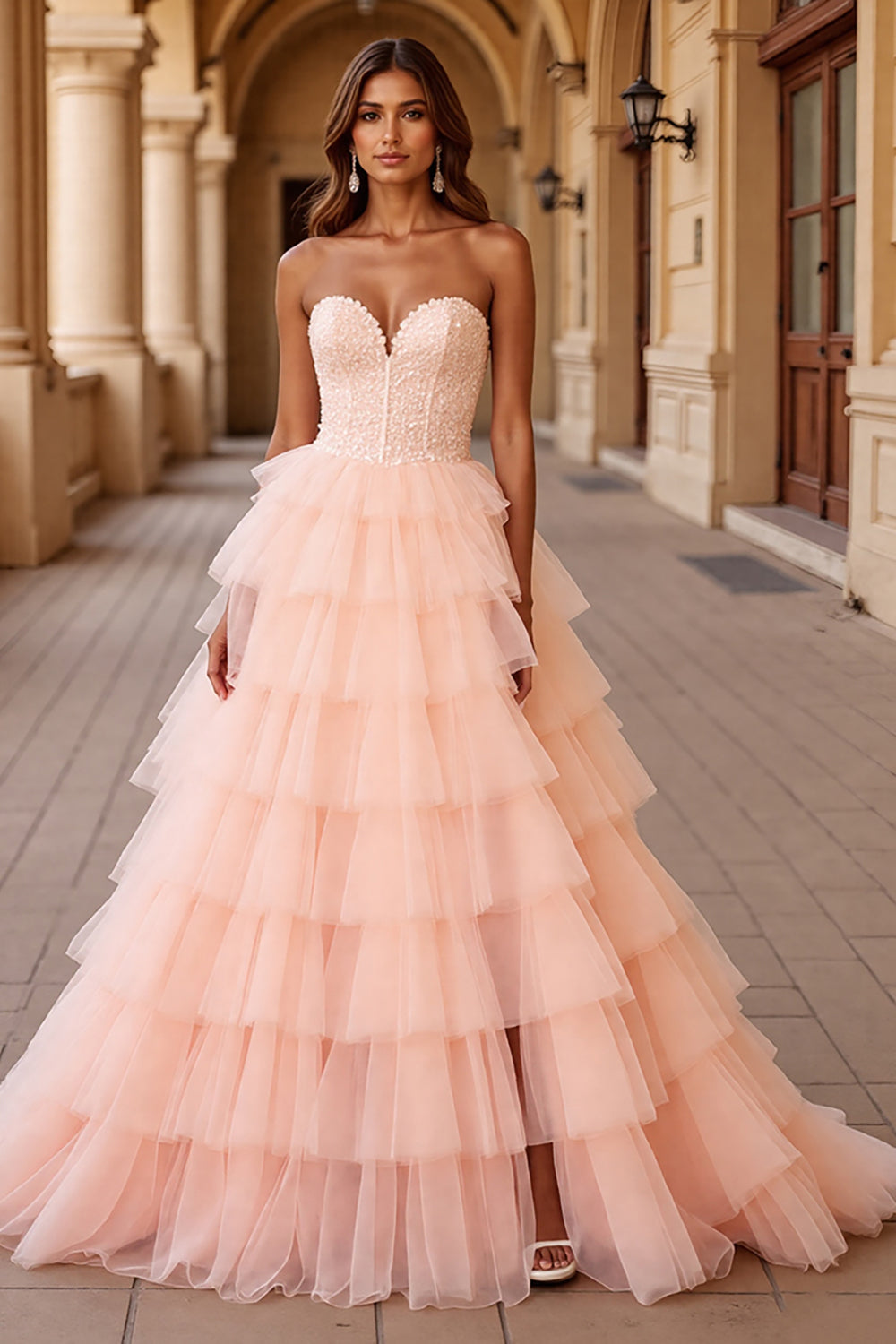 Blush Ball Gown Tulle Maxi Prom Dress with Ruffles