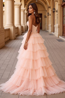 Blush Ball Gown Tulle Maxi Prom Dress with Ruffles