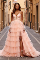 Load image into Gallery viewer, Sparkly Blush Ball Gown Tiered Maxi Prom Dress with Slit