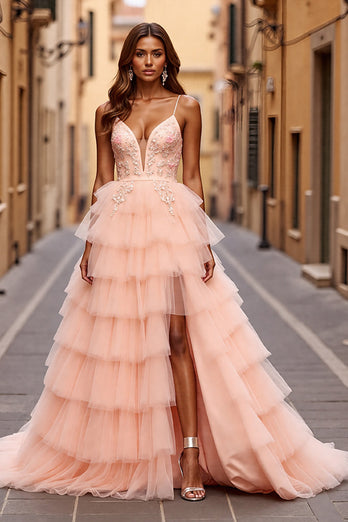 Sparkly Blush Ball Gown Tiered Maxi Prom Dress with Slit