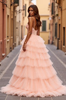 Load image into Gallery viewer, Sparkly Blush Ball Gown Tiered Maxi Prom Dress with Slit