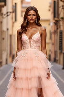 Load image into Gallery viewer, Sparkly Blush Ball Gown Tiered Maxi Prom Dress with Slit