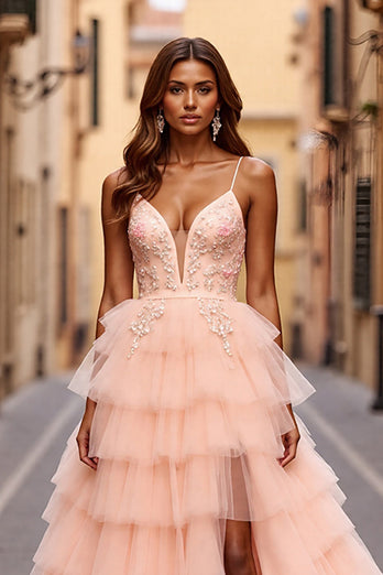 Sparkly Blush Ball Gown Tiered Maxi Prom Dress with Slit