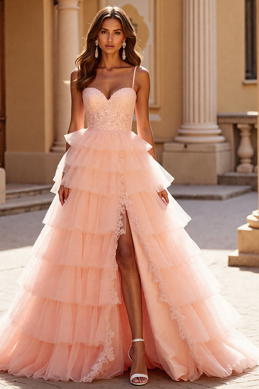 Blush A Line Tulle Tiered Maxi Corset Prom Dress with Appliques