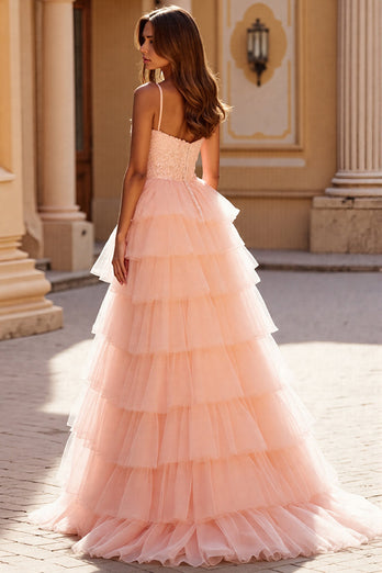 Blush A Line Tulle Tiered Maxi Corset Prom Dress with Appliques