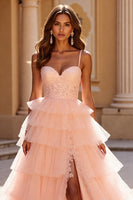 Load image into Gallery viewer, Blush A Line Tulle Tiered Maxi Corset Prom Dress with Appliques