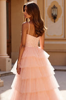 Load image into Gallery viewer, Blush A Line Tulle Tiered Maxi Corset Prom Dress with Appliques