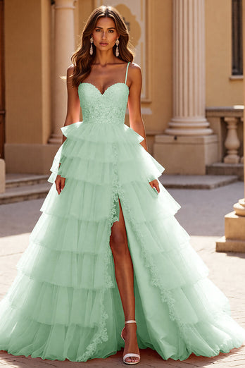 Blush A Line Tulle Tiered Maxi Corset Prom Dress with Appliques