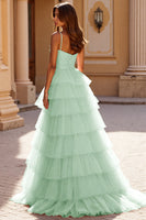 Load image into Gallery viewer, Blush A Line Tulle Tiered Maxi Corset Prom Dress with Appliques