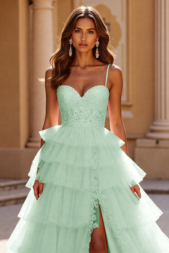 Blush A Line Tulle Tiered Maxi Corset Prom Dress with Appliques