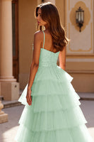 Load image into Gallery viewer, Blush A Line Tulle Tiered Maxi Corset Prom Dress with Appliques