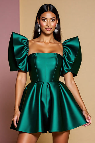 Dark Green A Line Short Satin Prom Dress with Ruffles