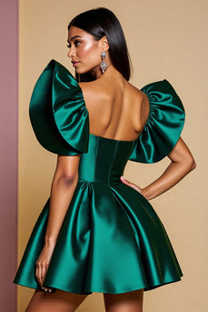 Dark Green A Line Short Satin Prom Dress with Ruffles