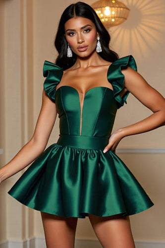 Dark Green Satin Ruffled A Line Short Prom Dress