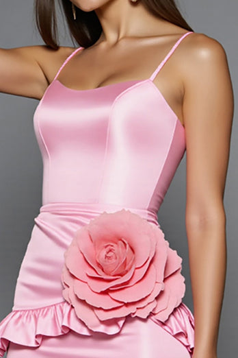 Pink Bodycon Satin Short Prom Dress with 3D Flowers
