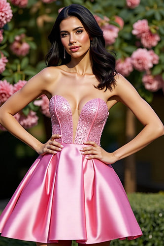Sparkly Pink A Line Satin Short Corset Prom Dress with Beading
