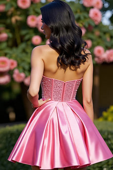 Sparkly Pink A Line Satin Short Corset Prom Dress with Beading