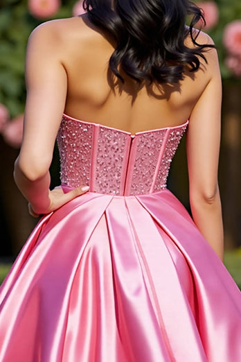 Sparkly Pink A Line Satin Short Corset Prom Dress with Beading