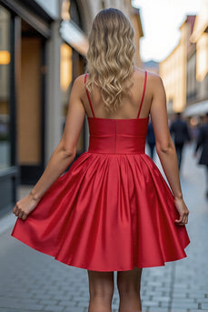 Red A Line Short Satin Prom Dress with 3D Flowers