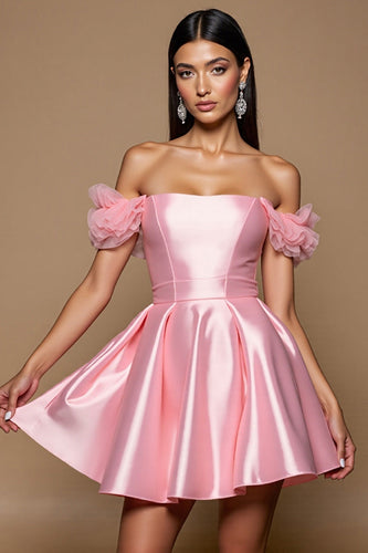 Pink Satin A Line Short Prom Dress with Ruffles