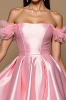 Load image into Gallery viewer, Pink Satin A Line Short Prom Dress with Ruffles