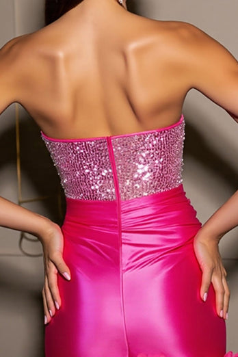 Sparkly Fuchsia Bodycon Beaded Short Corset Prom Dress