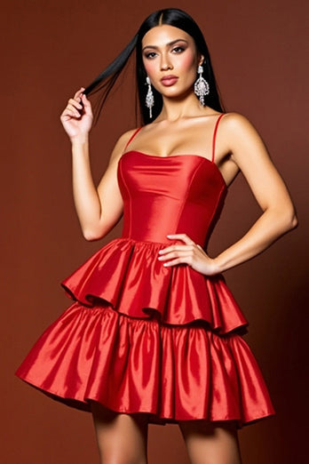 Red A Line Tiered Short Satin Prom Dress