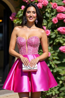 Load image into Gallery viewer, Sparkly Fuchsia A Line Corset Short Satin Prom Dress with Beading