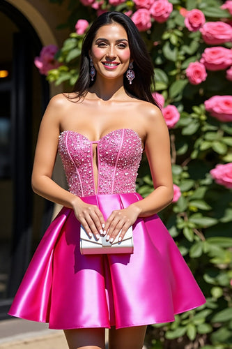 Sparkly Fuchsia A Line Corset Short Satin Prom Dress with Beading