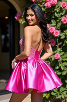 Load image into Gallery viewer, Sparkly Fuchsia A Line Corset Short Satin Prom Dress with Beading