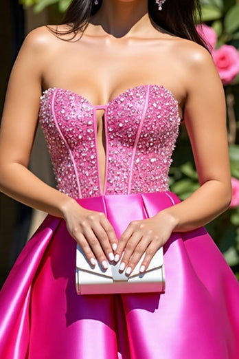 Sparkly Fuchsia A Line Corset Short Satin Prom Dress with Beading