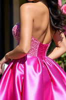 Load image into Gallery viewer, Sparkly Fuchsia A Line Corset Short Satin Prom Dress with Beading