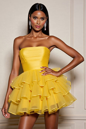Yellow A Line Tulle Strapless Tiered Short Prom Dress