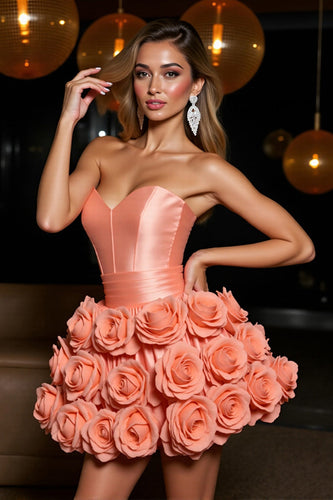 Orange Satin A Line Short Prom Dress with 3D Flowers