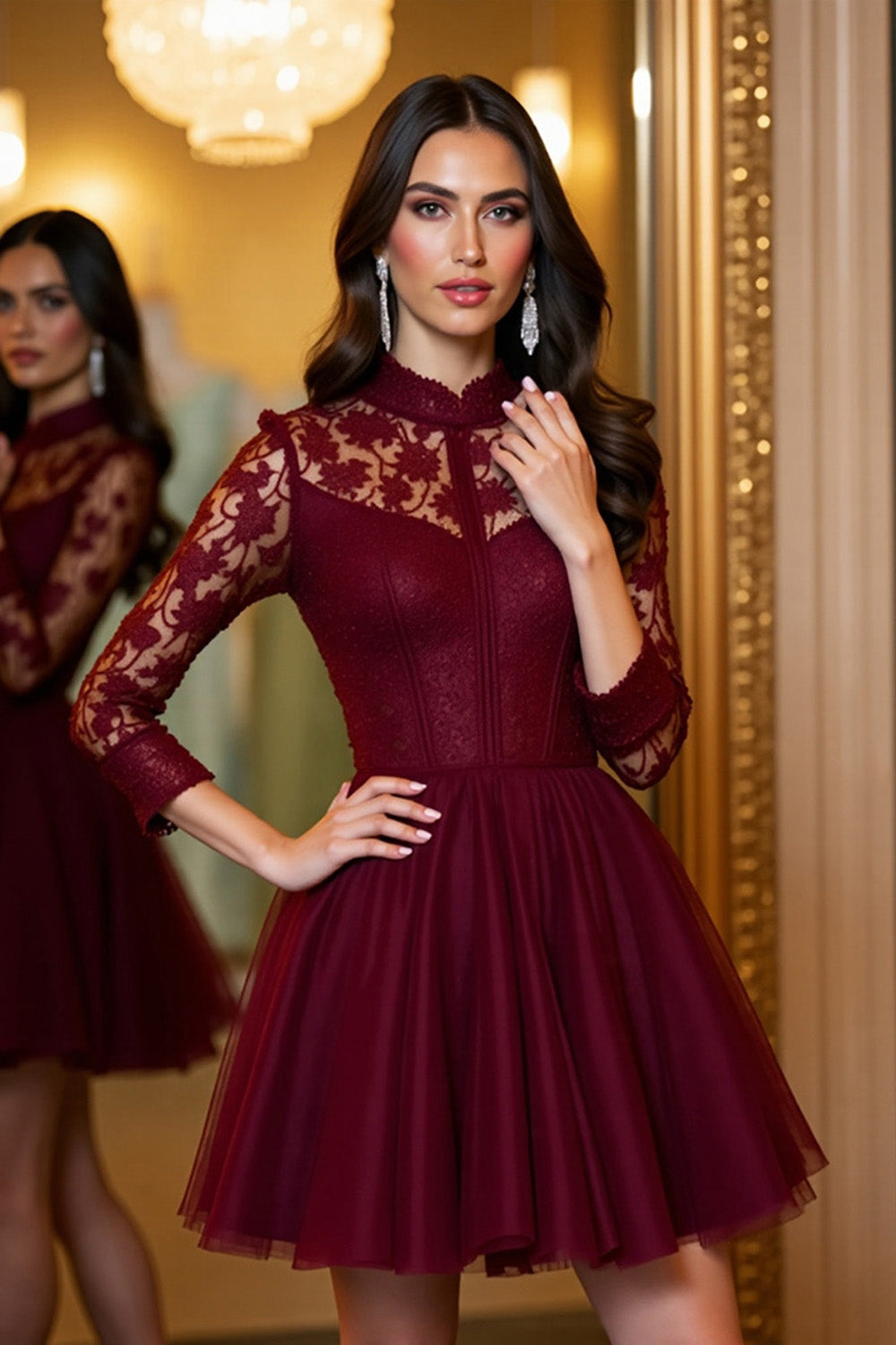 Burgundy A Line Tulle Short Corset Prom Dress with Lace