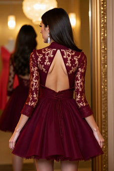 Burgundy A Line Tulle Short Corset Prom Dress with Lace
